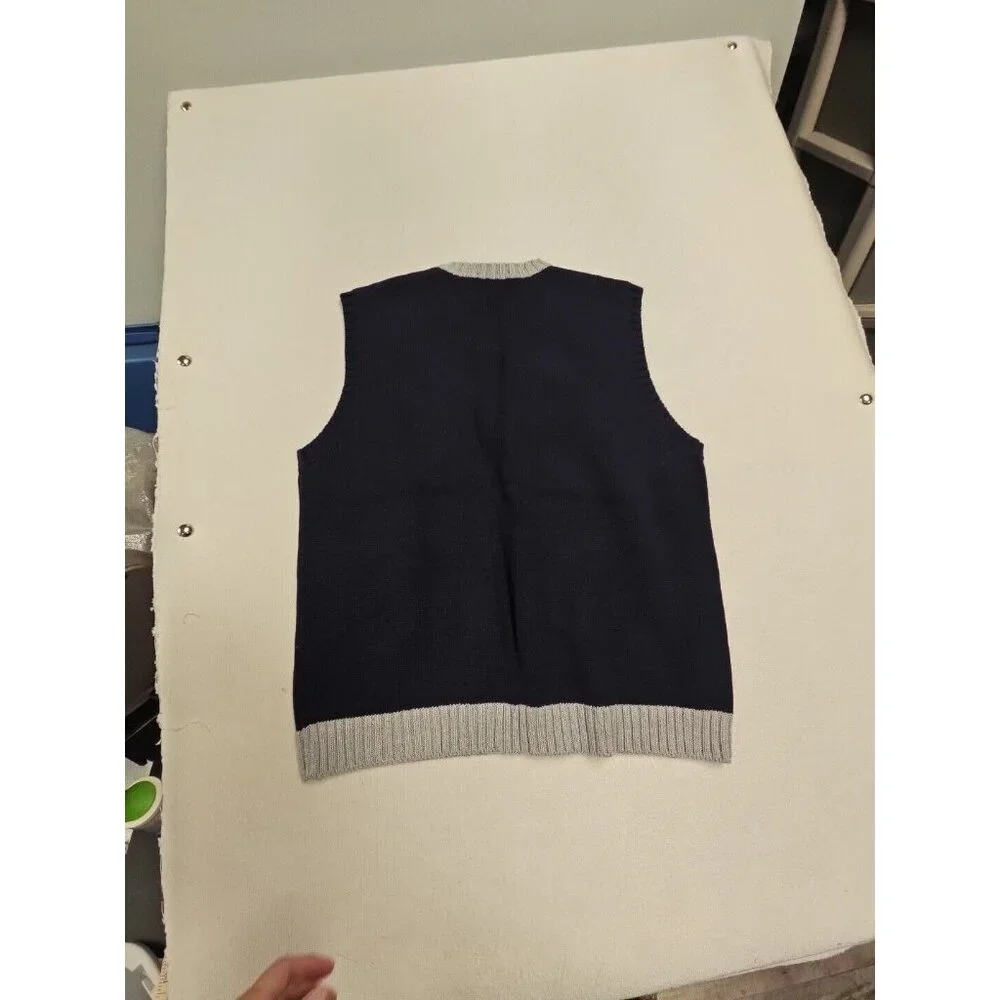 J.Crew Mens Navy Blue 100% Cotton‎ V-Neck Sweater Vest Grey Trim XL